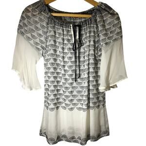 Anthropologie sheer top 1/2 sleeve black white embroidered boho lightweight Med